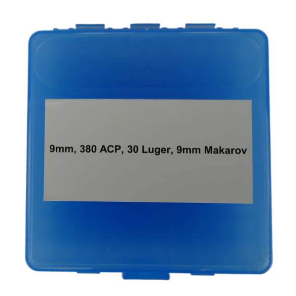 Storage box for 100 rounds of 9X19, 380 ACP, 30 Luger, 9mm Makarov